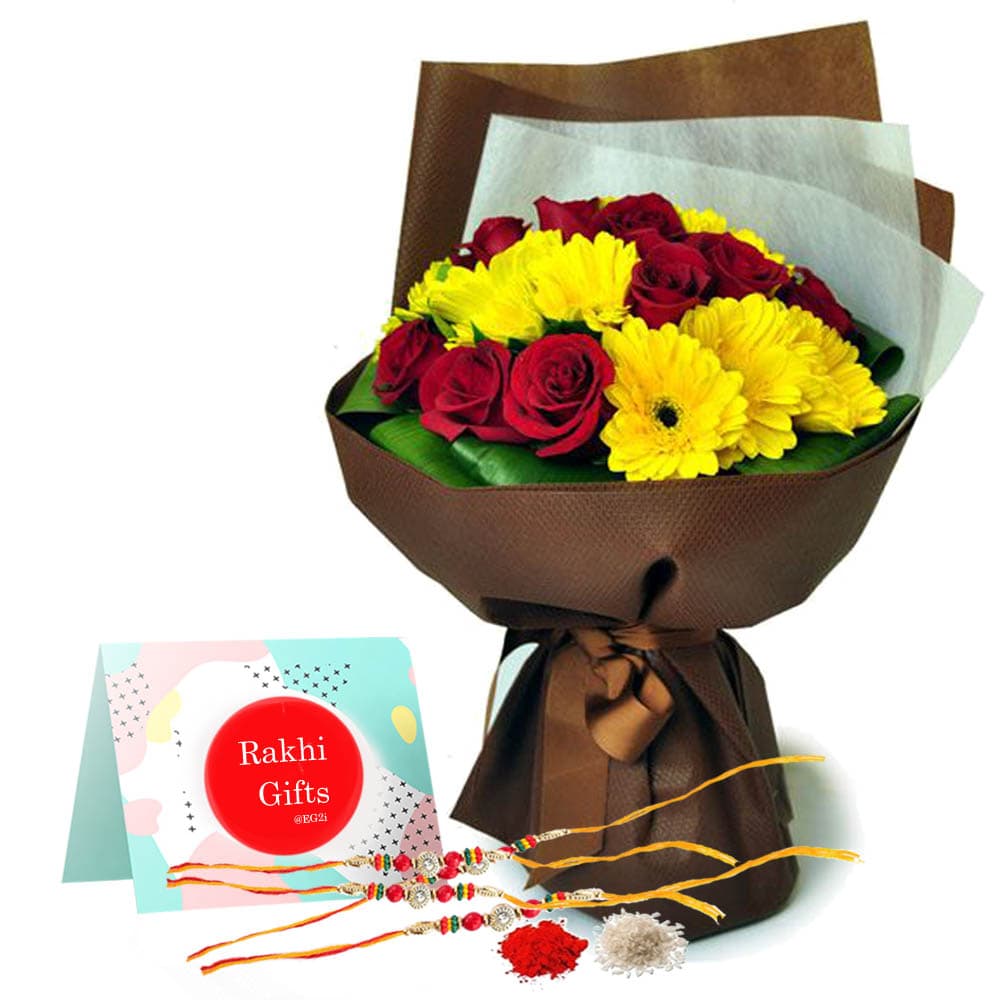 Gerbera and Red Rose Bouquet with Rakhi
