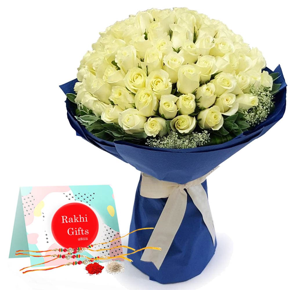 White Roses bouquet with Rakhi