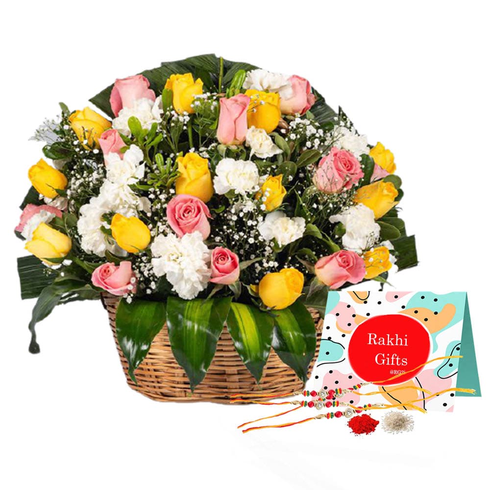 Mixed Flowers Basket with Rakhi