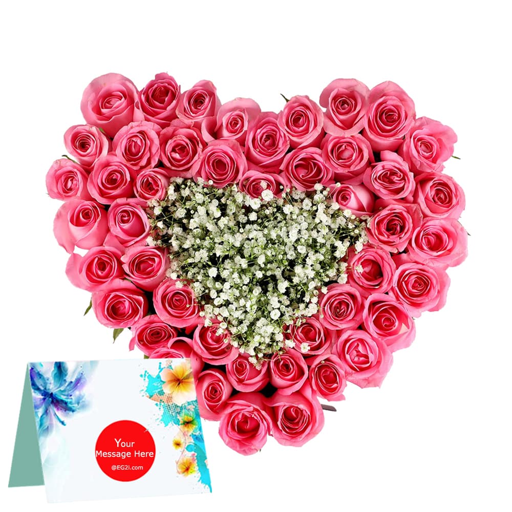 40 Pink Roses Heart Shape Arrangement With Gypsy