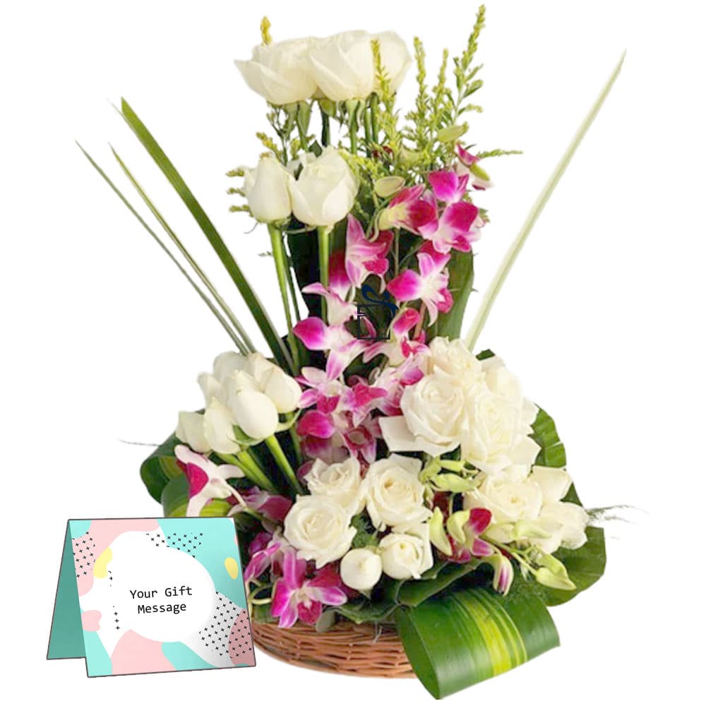 White Roses and Orchid Basket Arrangement