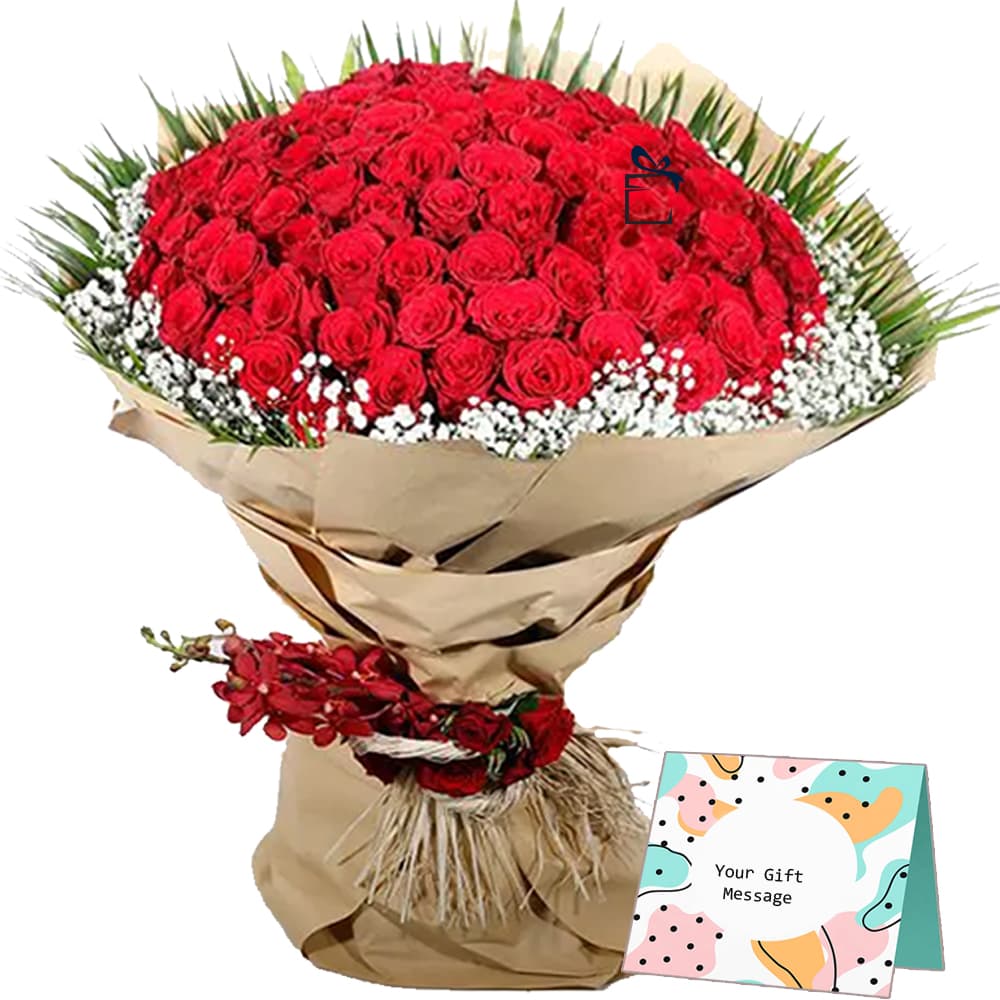 Red Roses with Paper wrapping and Orchid decorated