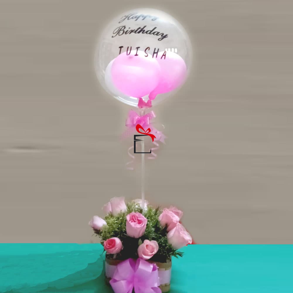 Pink Roses with Balloons Arrangement