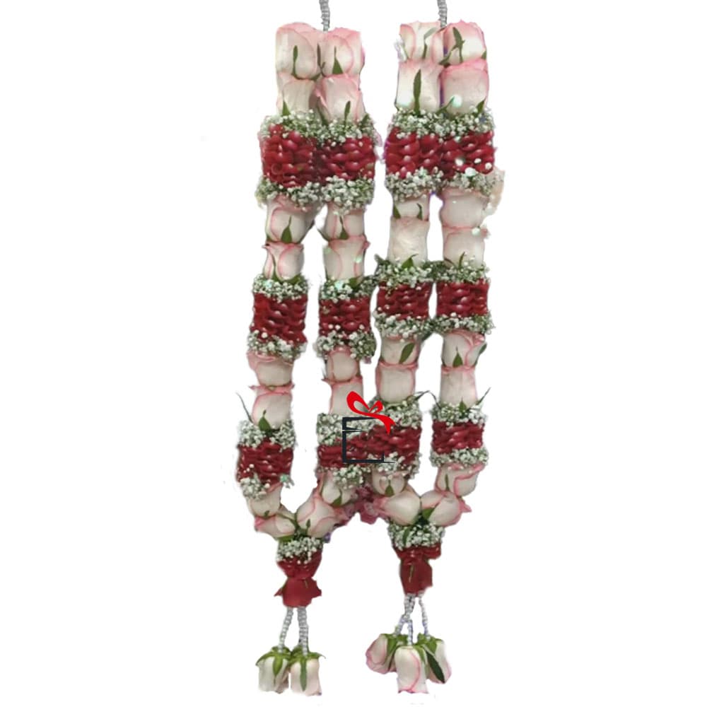 Red Rose Petals and Pink Roses Garland Pair