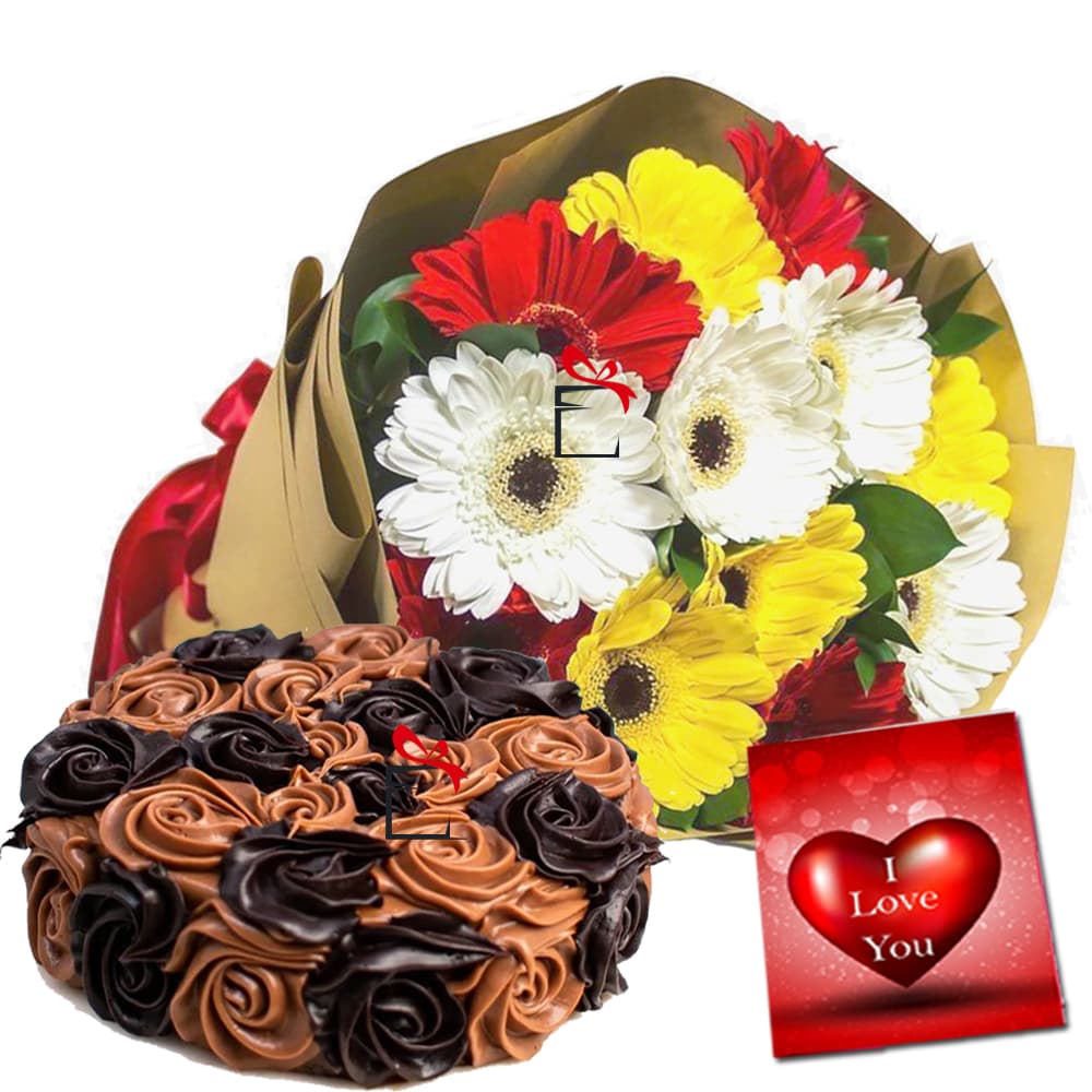 Mixed gerbera with Chocolate Rose Cake