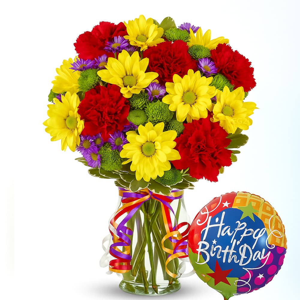 Mixed Flowers with Mylor Birthday balloons
