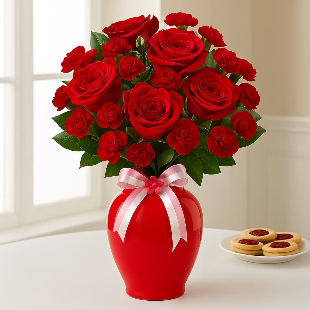 Roses and Carnation in a Glass Vase