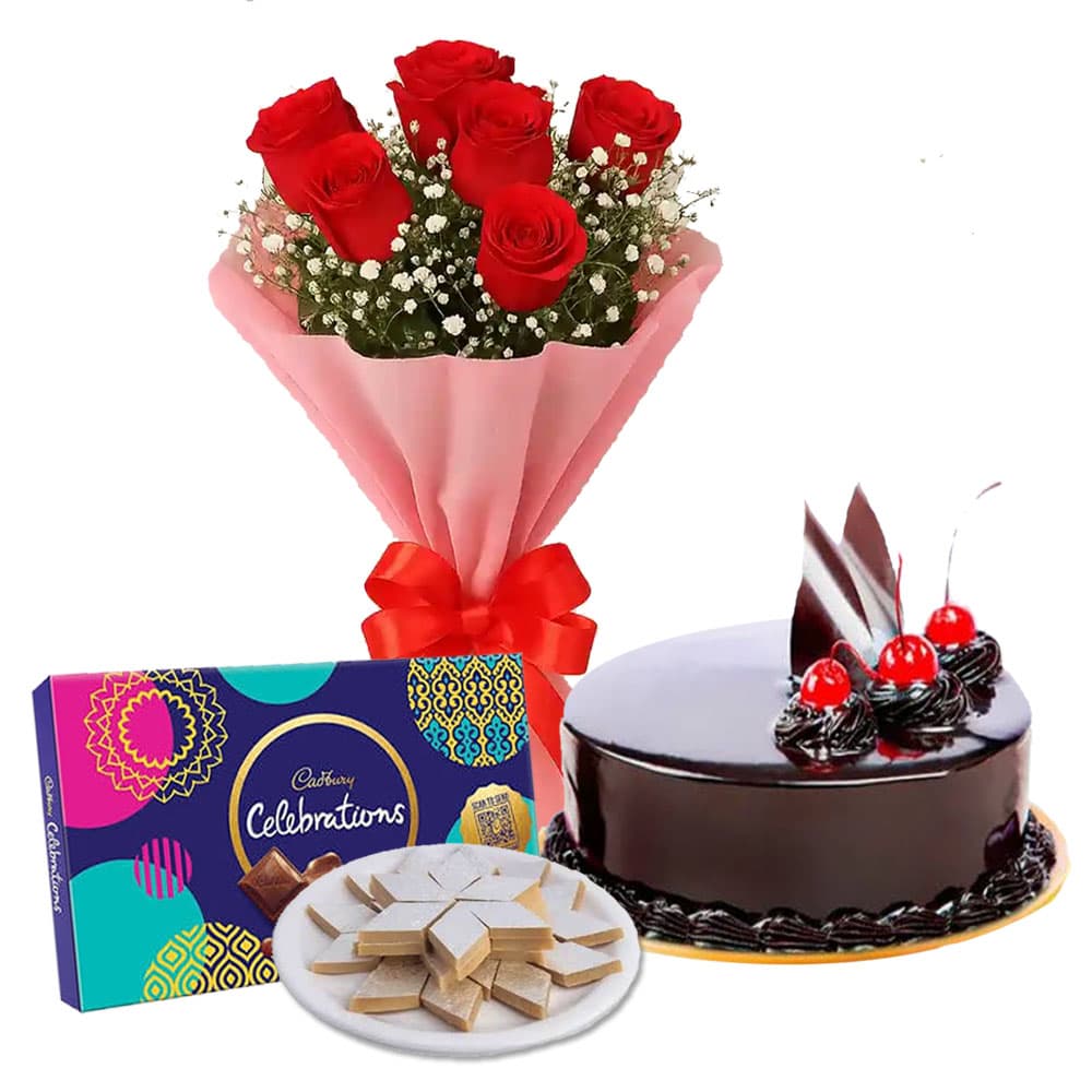 Diwali Gift Combo with Roses, Cake, Chocolates & Kaju Katli