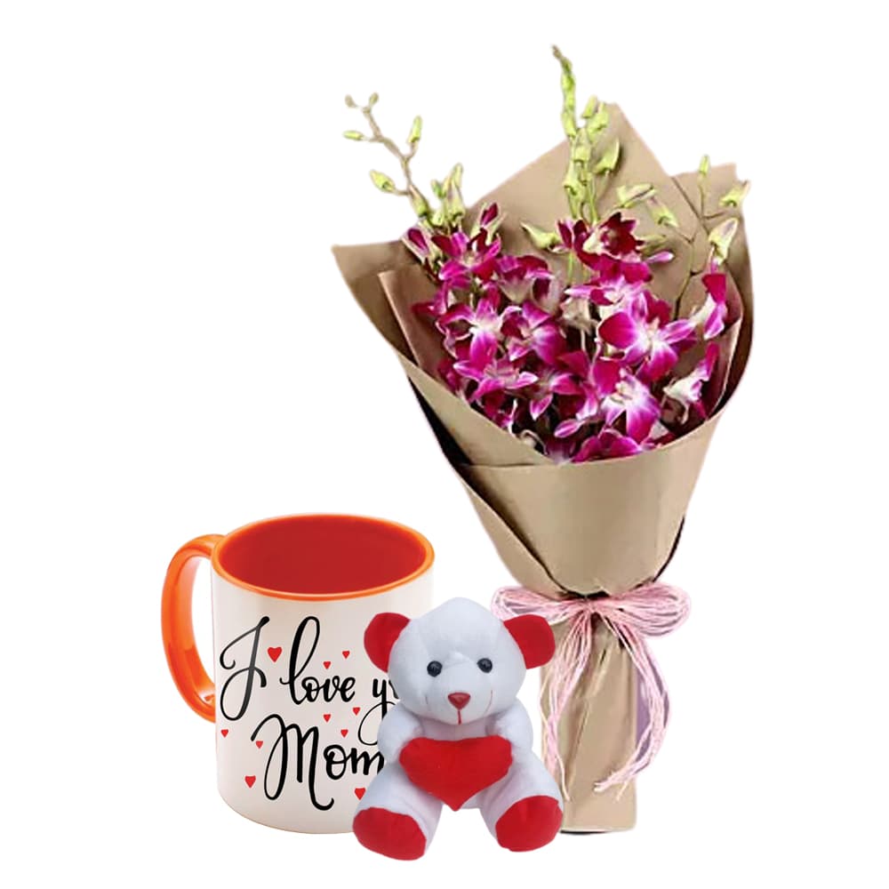 Orchids with Personalised Mug and Teddy Bear