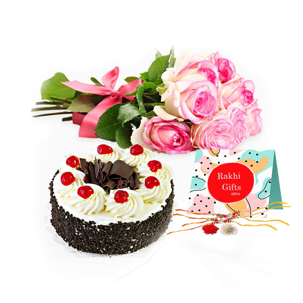 Rose with Black Forest cake and Rakhi