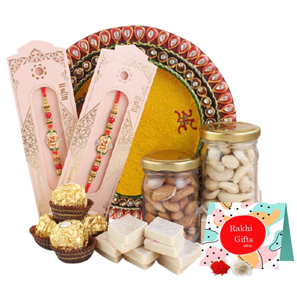 Rakhi Thali Rocher, kau Barfi and cashew Almond with Rakhi
