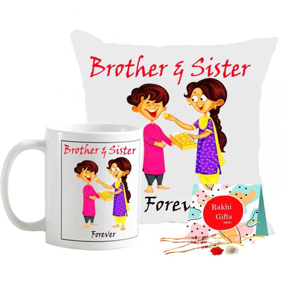 Rakhi with cushion and Mug (Brother and Sister Forever)